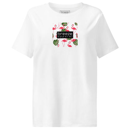 White t-shirt with pattern of flamingos inside of a square, overlaid with a black box with 'breeze apparel' in white inside.