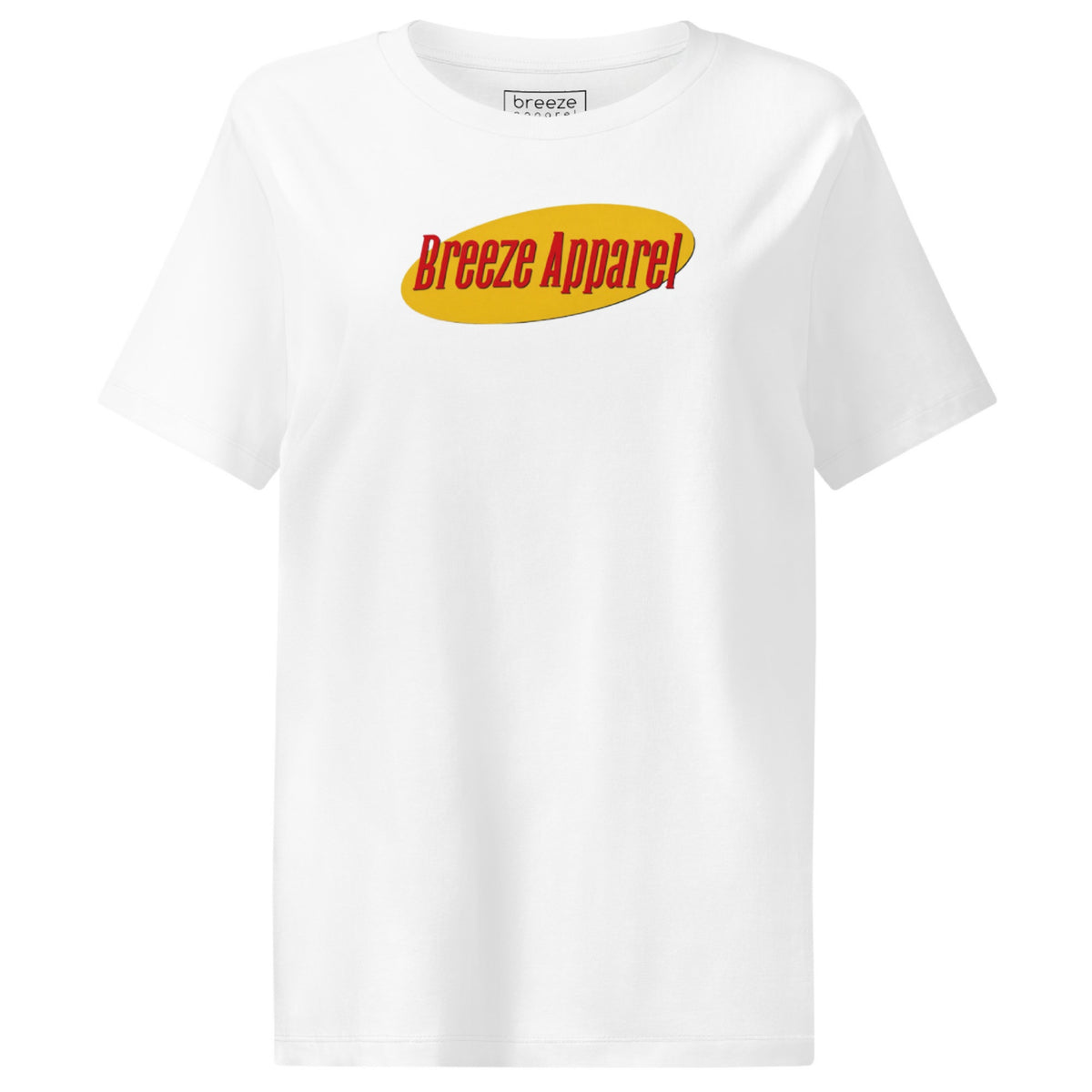 White t-shirt with graphic of 'Breeze Apparel' in red lettering set on a yellow oval.