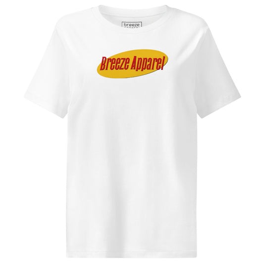 White t-shirt with graphic of 'Breeze Apparel' in red lettering set on a yellow oval.