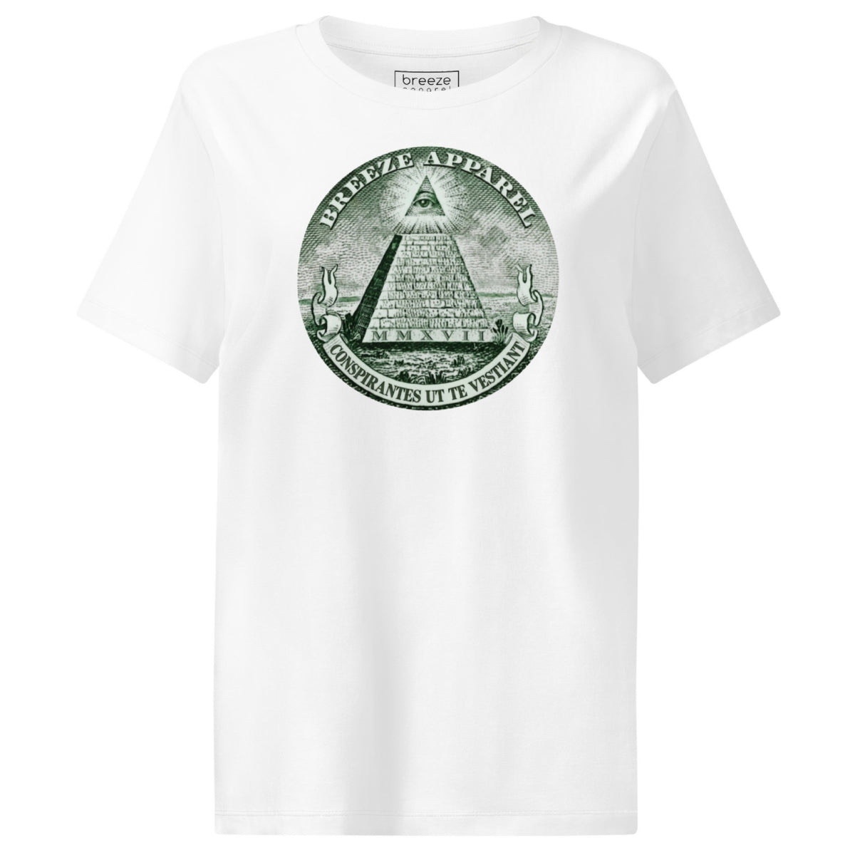 White t-shirt with graphic of pyramid resembling that on the US one-dollar bill.