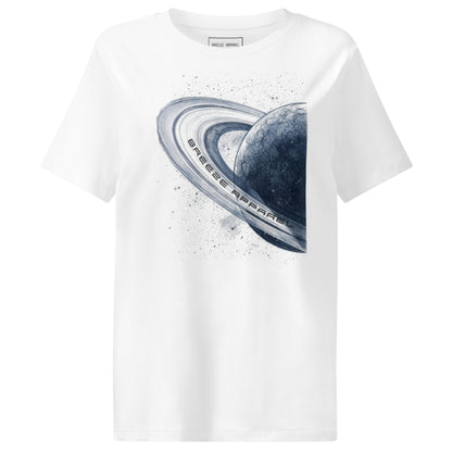 White t-shirt with graphic of blue planet.