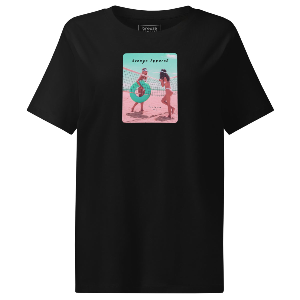 Black t-shirt with an image of two women in bikinis on the beach, standing by a volleyball net, one holding a swim ring and smiling, the other leaning on the net, with inscription in black of 'breeze apparel' towards the top of the image, and 'fun in the sun' in black on the ground between the women. 