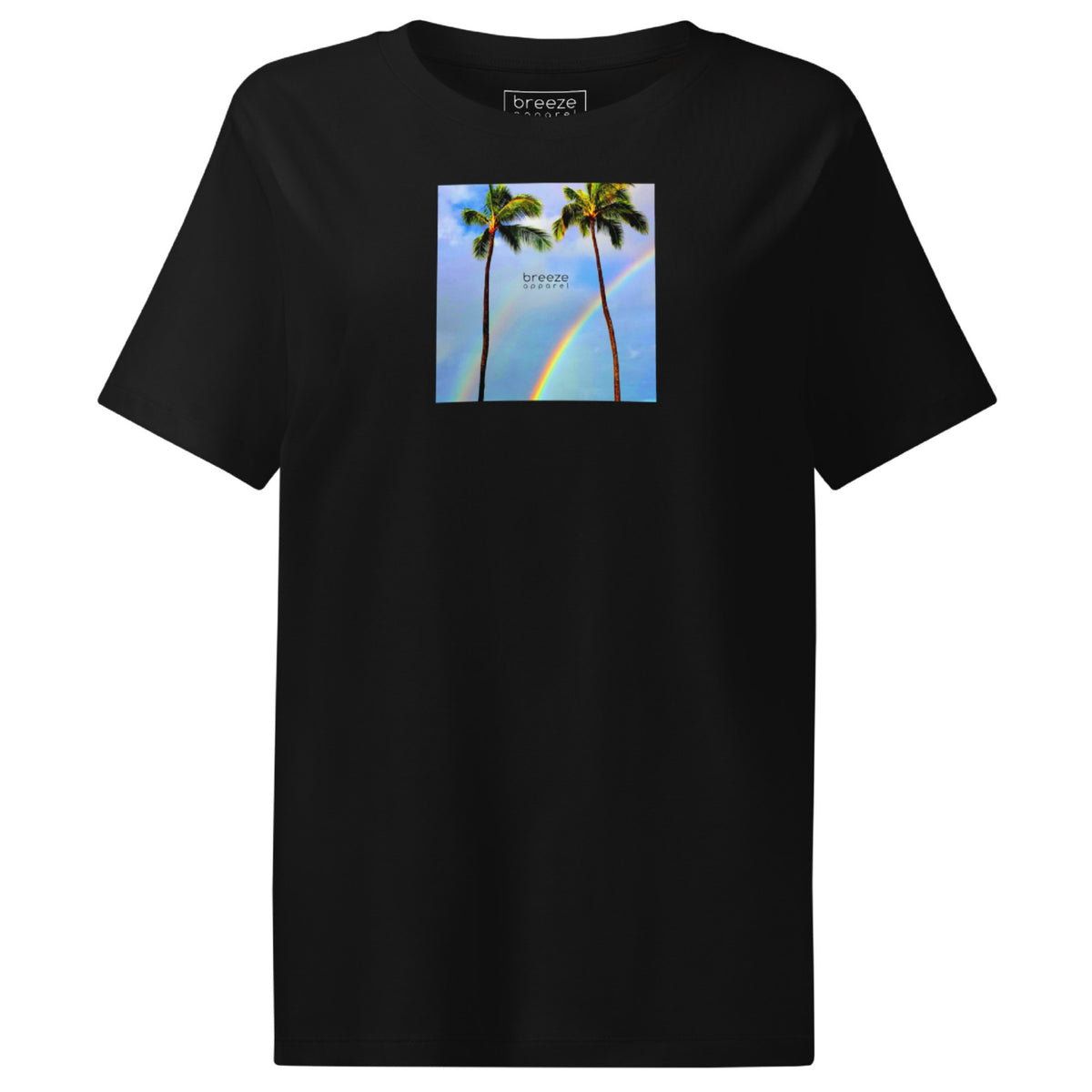 Black t-shirt with a graphic of palm trees, rainbow, and a clear blue sky in the background. A small, black 'breeze apparel' logo is between the trees.