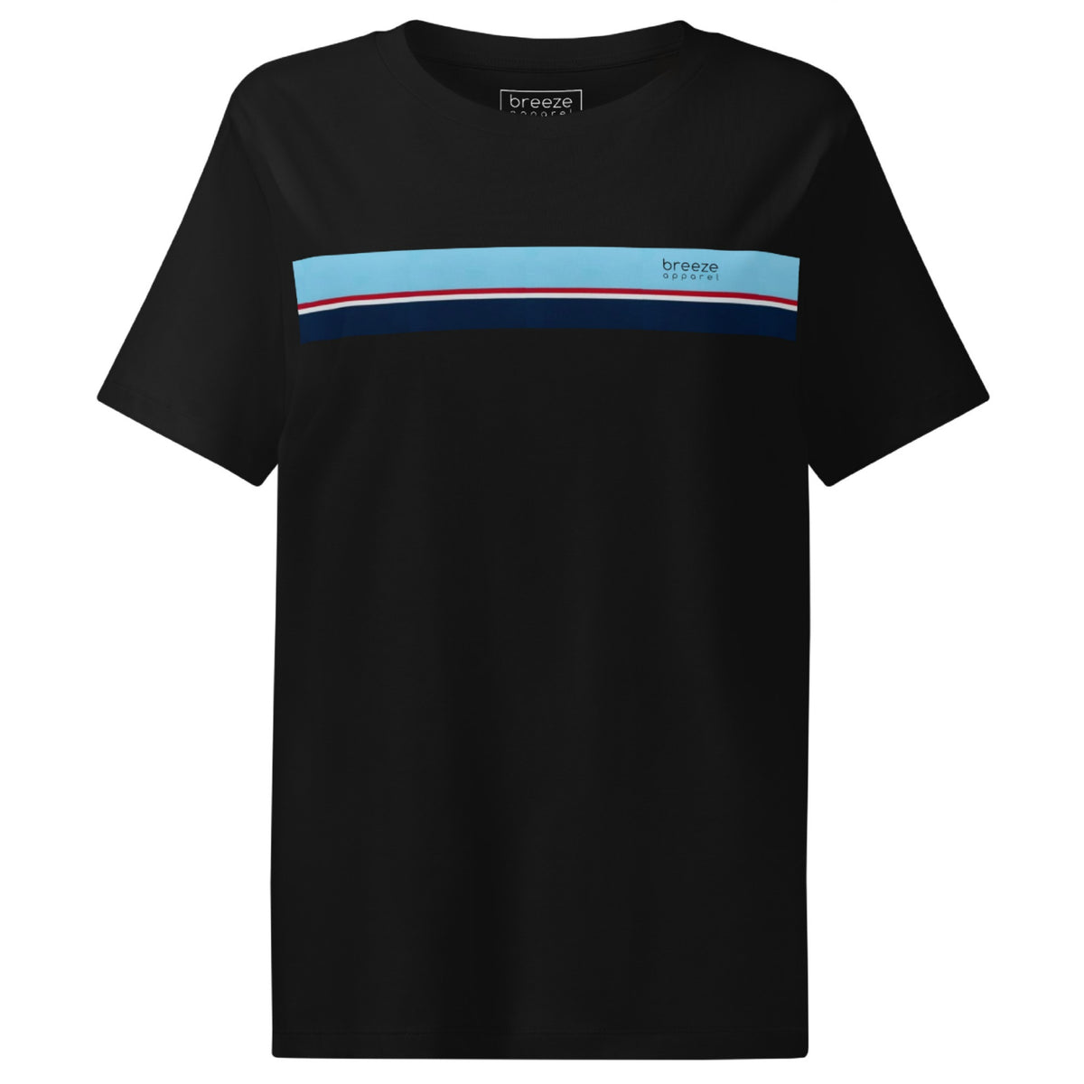 Black t-shirt with horizontal blue, red, white, and navy stripe with small black 'breeze apparel' logo.