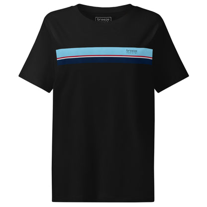Black t-shirt with horizontal blue, red, white, and navy stripe with small black 'breeze apparel' logo.