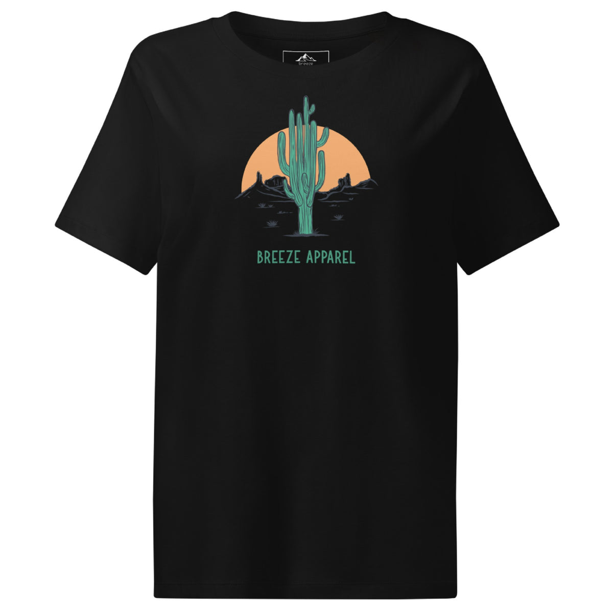 Black t-shirt with a graphic of a cactus and sunset, with 'Breeze Apparel' written in green below.