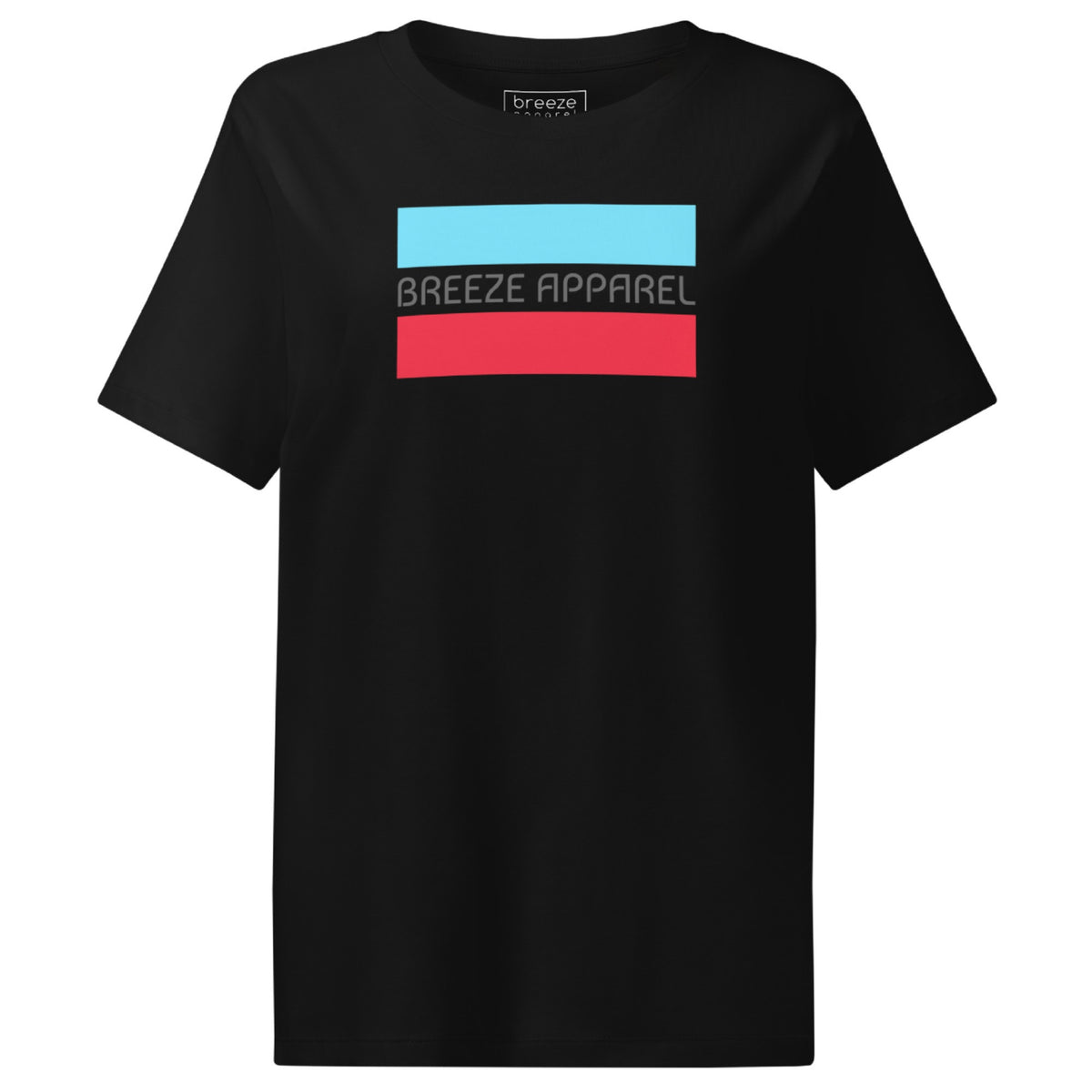 Black t-shirt with gray 'Breeze Apparel' logo between horizontal bars, the top being light blue and the bottom being red.