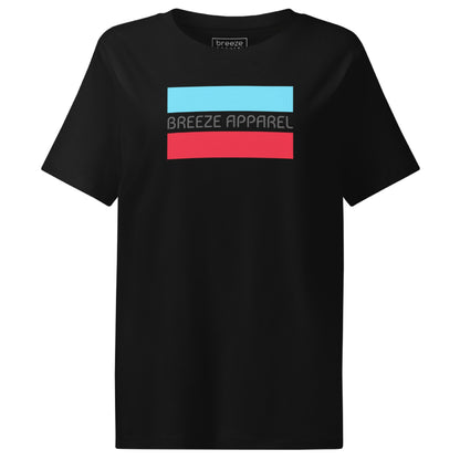 Black t-shirt with gray 'Breeze Apparel' logo between horizontal bars, the top being light blue and the bottom being red.