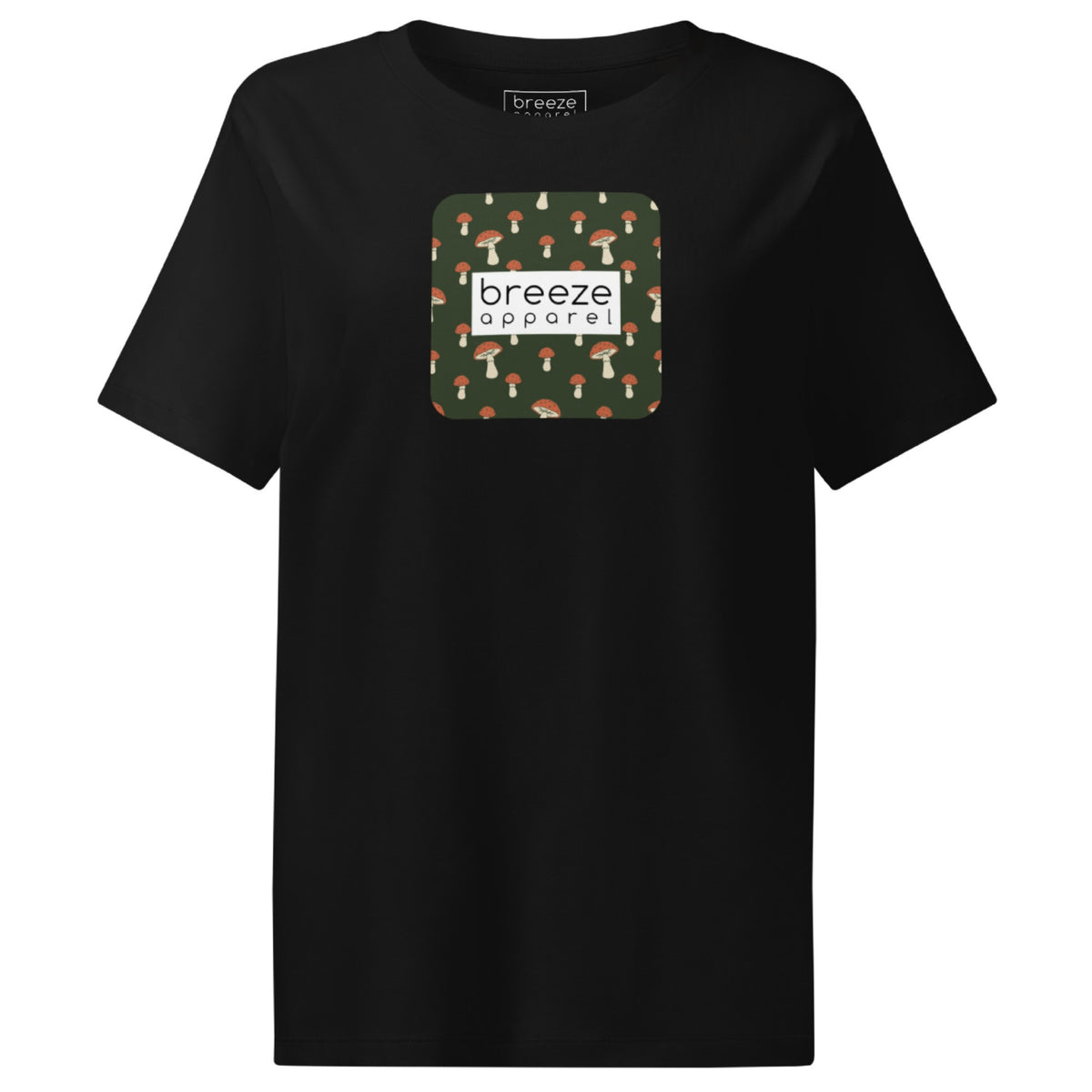 Black t-shirt with square graphic of mushrooms set on a green background overlaid with a white rectangle in which 'breeze apparel' is in black.