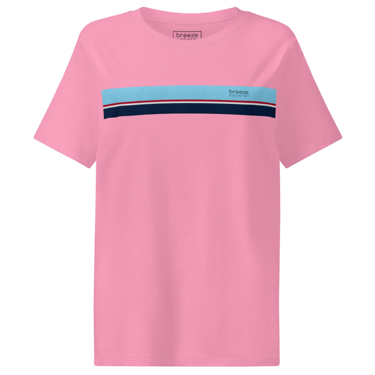 Pink t-shirt with horizontal blue, red, white, and navy stripe with small black 'breeze apparel' logo.