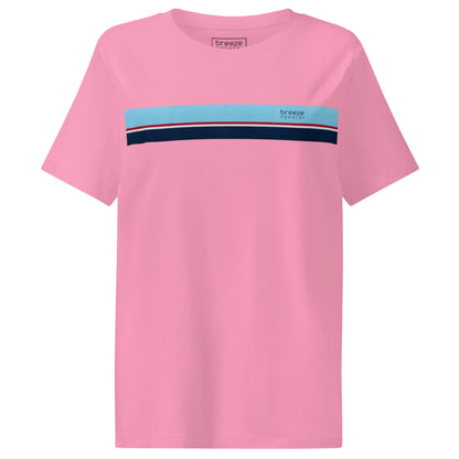 Pink t-shirt with horizontal blue, red, white, and navy stripe with small black 'breeze apparel' logo.
