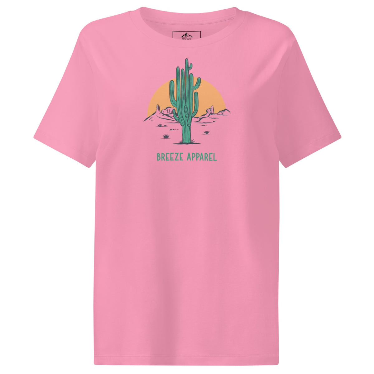 Pink t-shirt with a graphic of a cactus and sunset, with 'Breeze Apparel' written in green below.