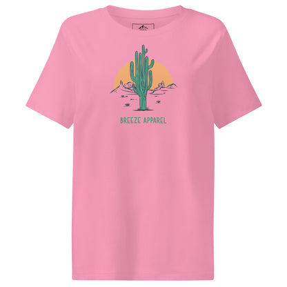 Pink t-shirt with a graphic of a cactus and sunset, with 'Breeze Apparel' written in green below.