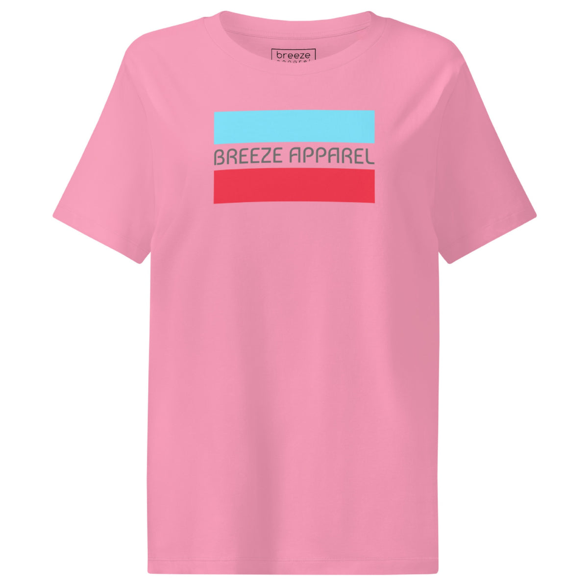 Pink t-shirt with gray 'Breeze Apparel' logo between horizontal bars, the top being light blue and the bottom being red.