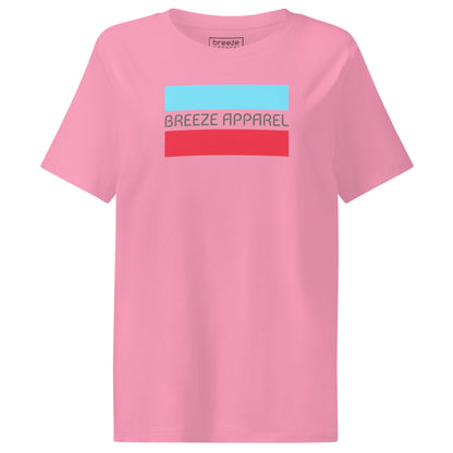 Pink t-shirt with gray 'Breeze Apparel' logo between horizontal bars, the top being light blue and the bottom being red.