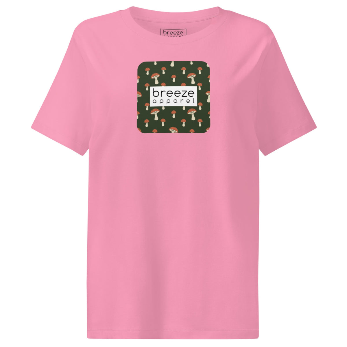 Pink t-shirt with square graphic of mushrooms set on a green background overlaid with a white rectangle in which 'breeze apparel' is in black.