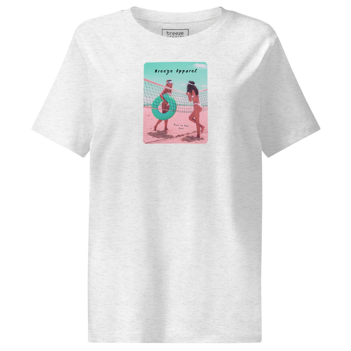 Cool-heather-gray t-shirt with an image of two women in bikinis on the beach, standing by a volleyball net, one holding a swim ring and smiling, the other leaning on the net, with inscription in black of 'breeze apparel' towards the top of the image, and 'fun in the sun' in black on the ground between the women. 