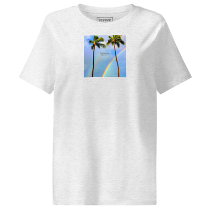 Cool-heather-gray t-shirt with a graphic of palm trees, rainbow, and a clear blue sky in the background. A small, black 'breeze apparel' logo is between the trees.
