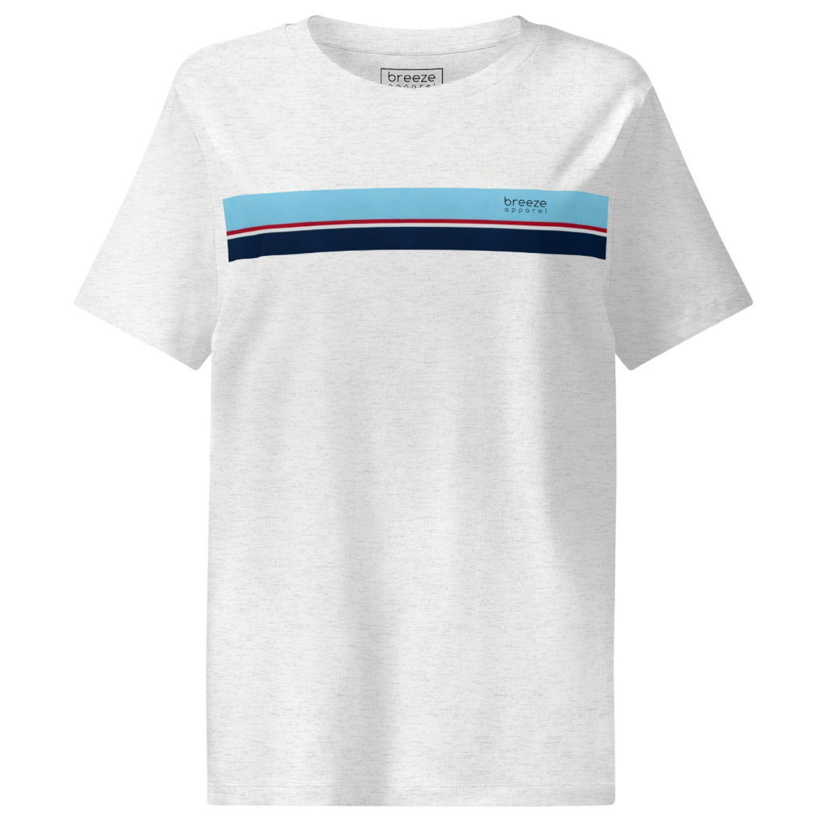 Cool-heather-gray t-shirt with horizontal blue, red, white, and navy stripe with small black 'breeze apparel' logo.