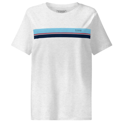 Cool-heather-gray t-shirt with horizontal blue, red, white, and navy stripe with small black 'breeze apparel' logo.