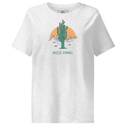 Cool-heather-gray t-shirt with a graphic of a cactus and sunset, with 'Breeze Apparel' written in green below.