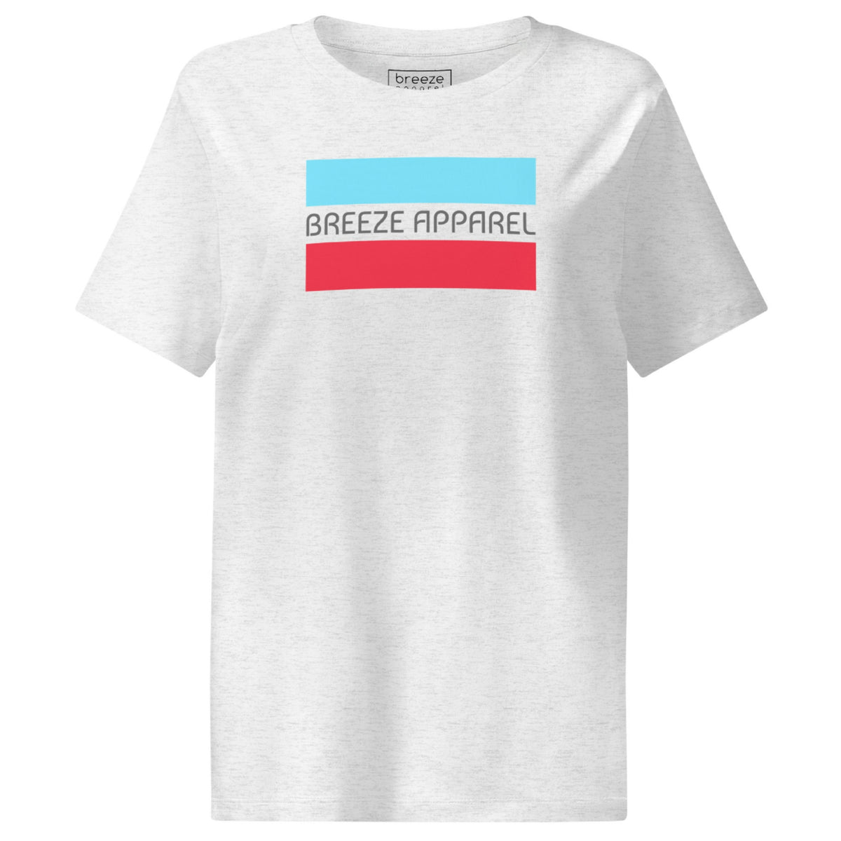 Cool-heather-gray t-shirt with gray 'Breeze Apparel' logo between horizontal bars, the top being light blue and the bottom being red.