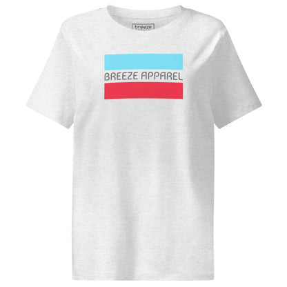 Cool-heather-gray t-shirt with gray 'Breeze Apparel' logo between horizontal bars, the top being light blue and the bottom being red.