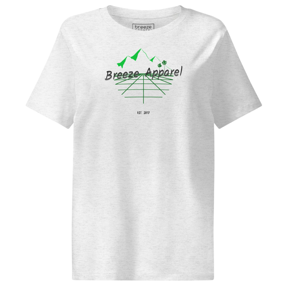 Cool-heather-gray t-shirt with 'Breeze Apparel' logo set on a graphic of a grid, palm trees, and mountains.