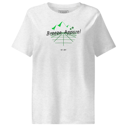 Cool-heather-gray t-shirt with 'Breeze Apparel' logo set on a graphic of a grid, palm trees, and mountains.