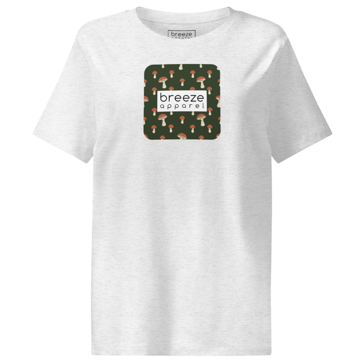 Off-white t-shirt with square graphic of mushrooms set on a green background overlaid with a white rectangle in which 'breeze apparel' is in black.