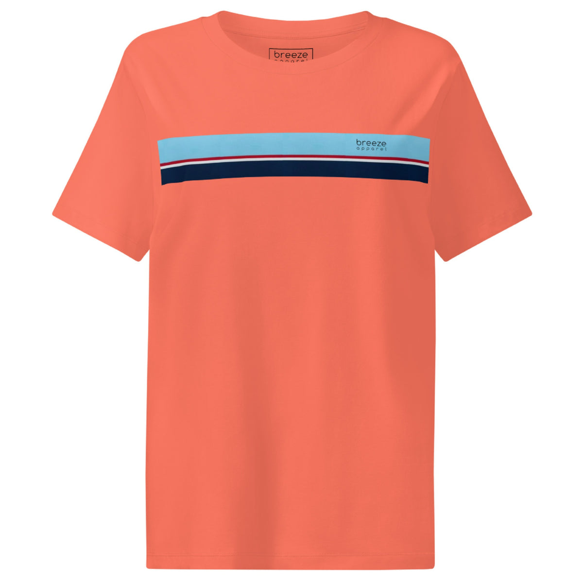 Fiesta-orange t-shirt with horizontal blue, red, white, and navy stripe with small black 'breeze apparel' logo.