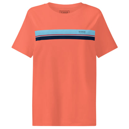 Fiesta-orange t-shirt with horizontal blue, red, white, and navy stripe with small black 'breeze apparel' logo.