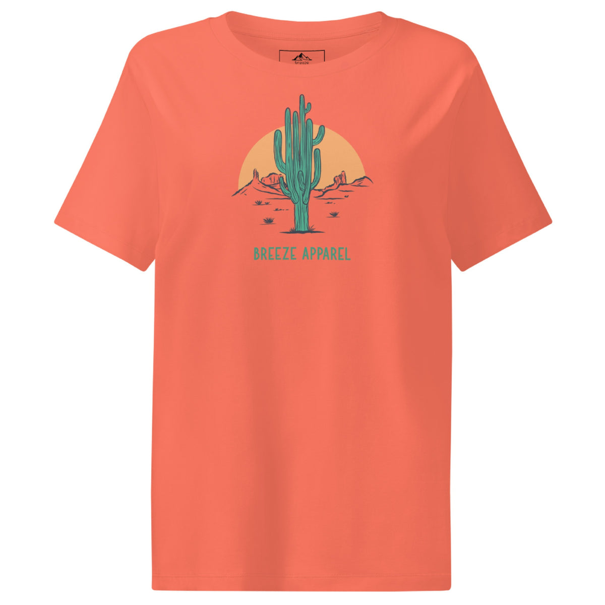 Fiesta-orange t-shirt with a graphic of a cactus and sunset, with 'Breeze Apparel' written in green below.