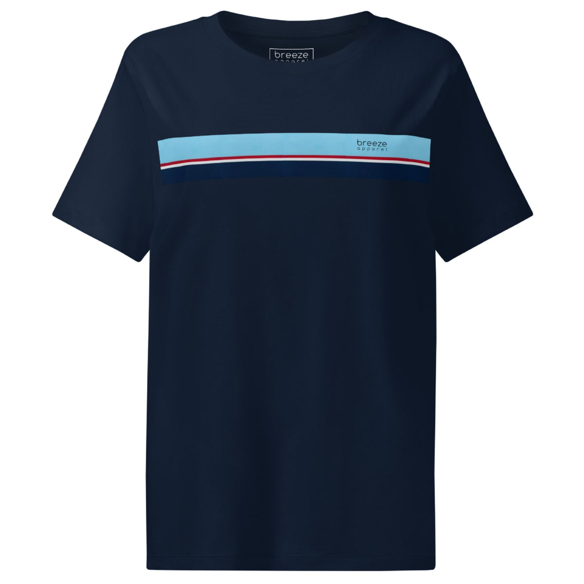 Navy t-shirt with horizontal blue, red, white, and navy stripe with small black 'breeze apparel' logo.