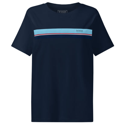 Navy t-shirt with horizontal blue, red, white, and navy stripe with small black 'breeze apparel' logo.