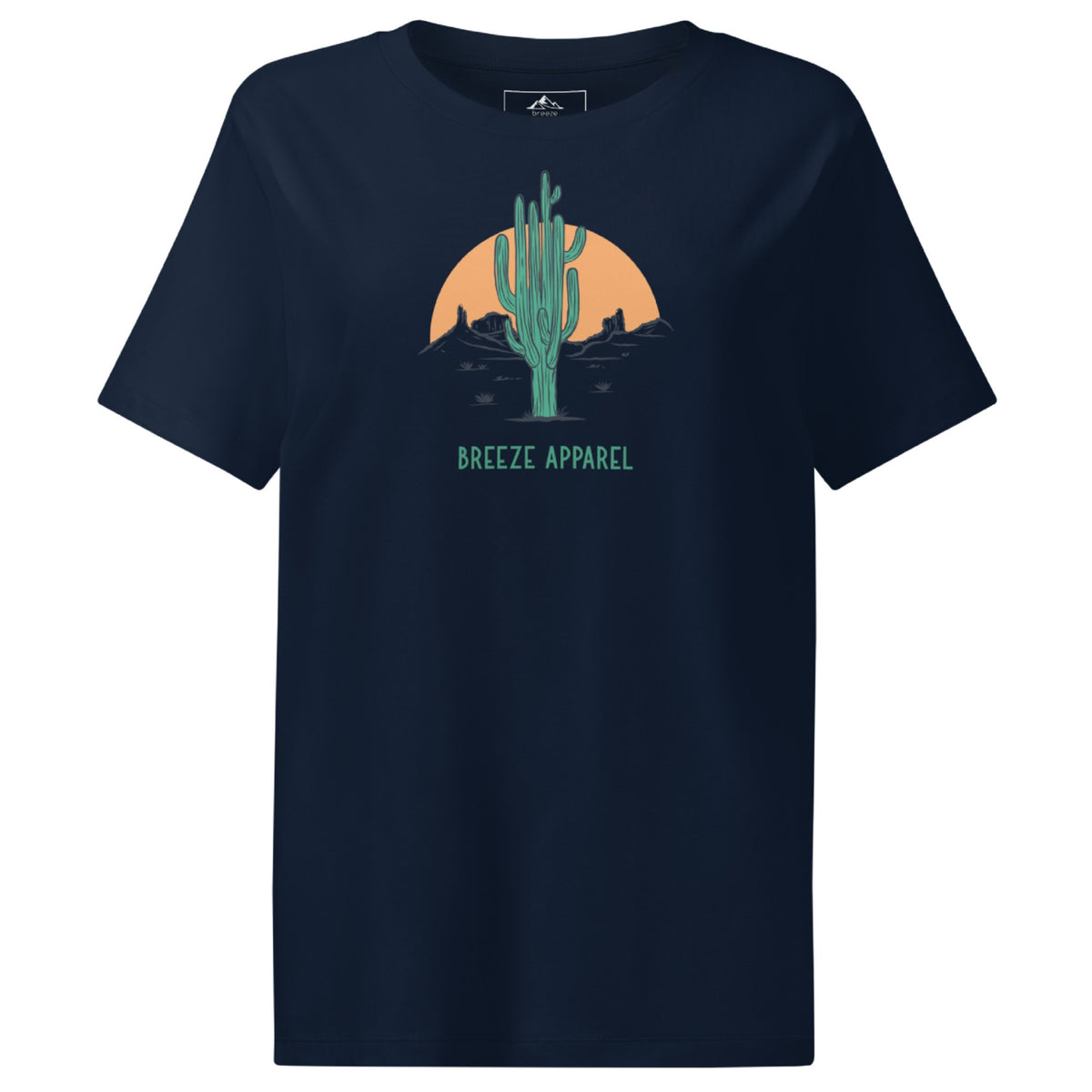 Navy t-shirt with a graphic of a cactus and sunset, with 'Breeze Apparel' written in green below.