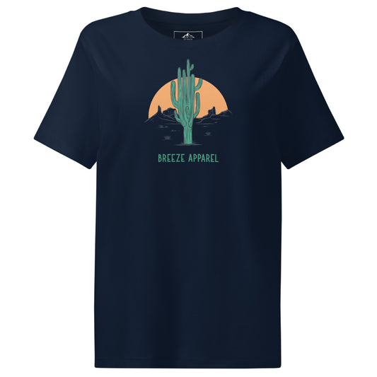 Navy t-shirt with a graphic of a cactus and sunset, with 'Breeze Apparel' written in green below.