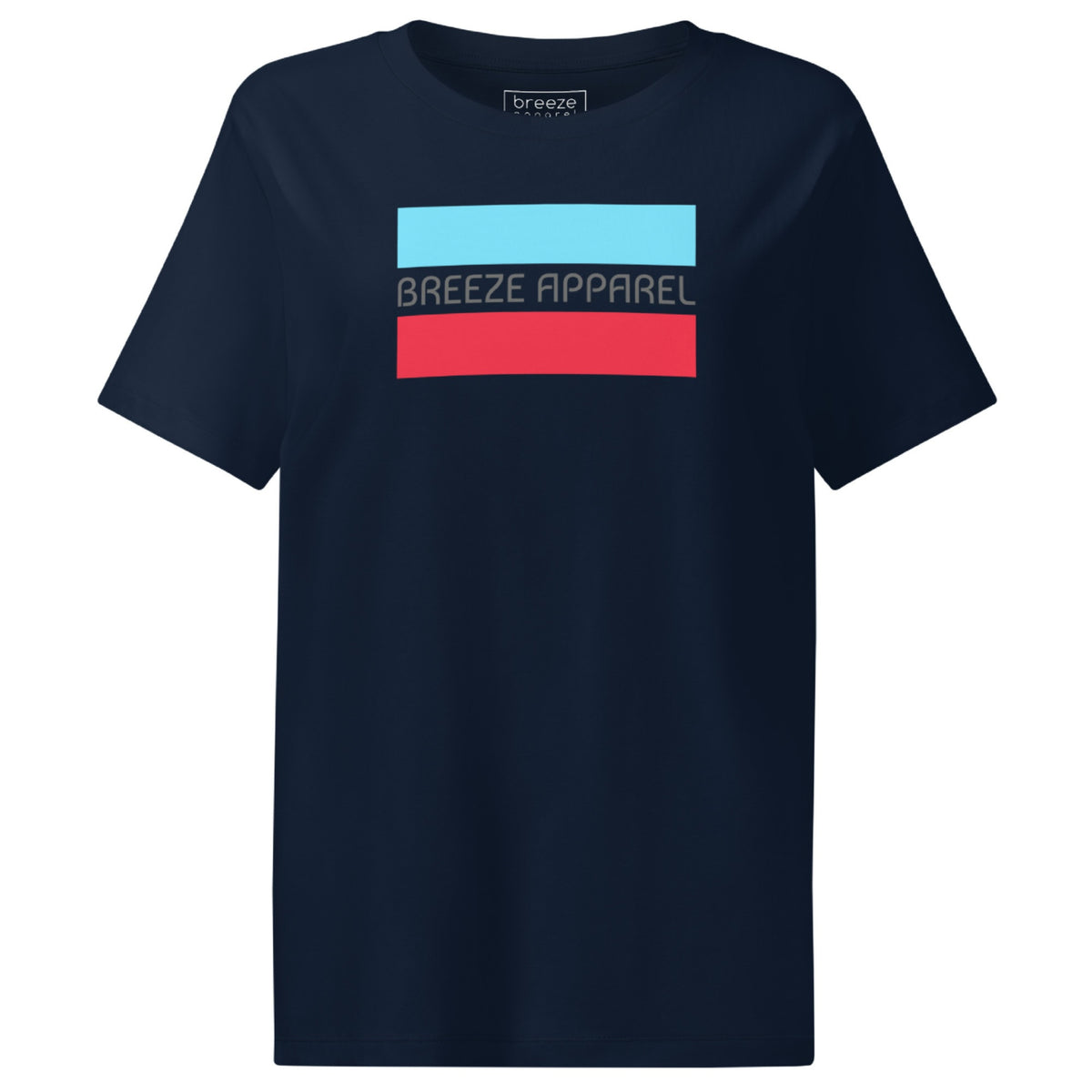 Navy t-shirt with gray 'Breeze Apparel' logo between horizontal bars, the top being light blue and the bottom being red.