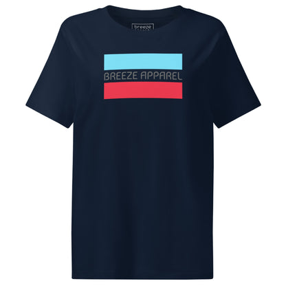 Navy t-shirt with gray 'Breeze Apparel' logo between horizontal bars, the top being light blue and the bottom being red.
