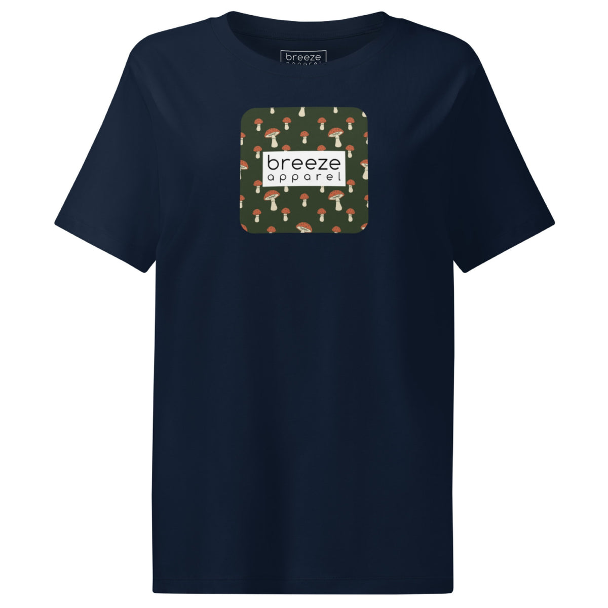 Navy t-shirt with square graphic of mushrooms set on a green background overlaid with a white rectangle in which 'breeze apparel' is in black.