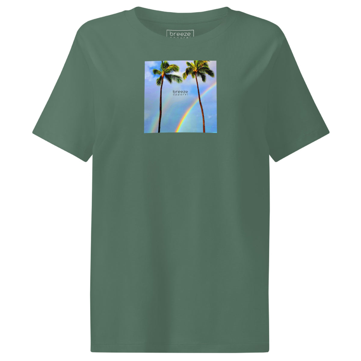 Green t-shirt with a graphic of palm trees, rainbow, and a clear blue sky in the background. A small, black 'breeze apparel' logo is between the trees.