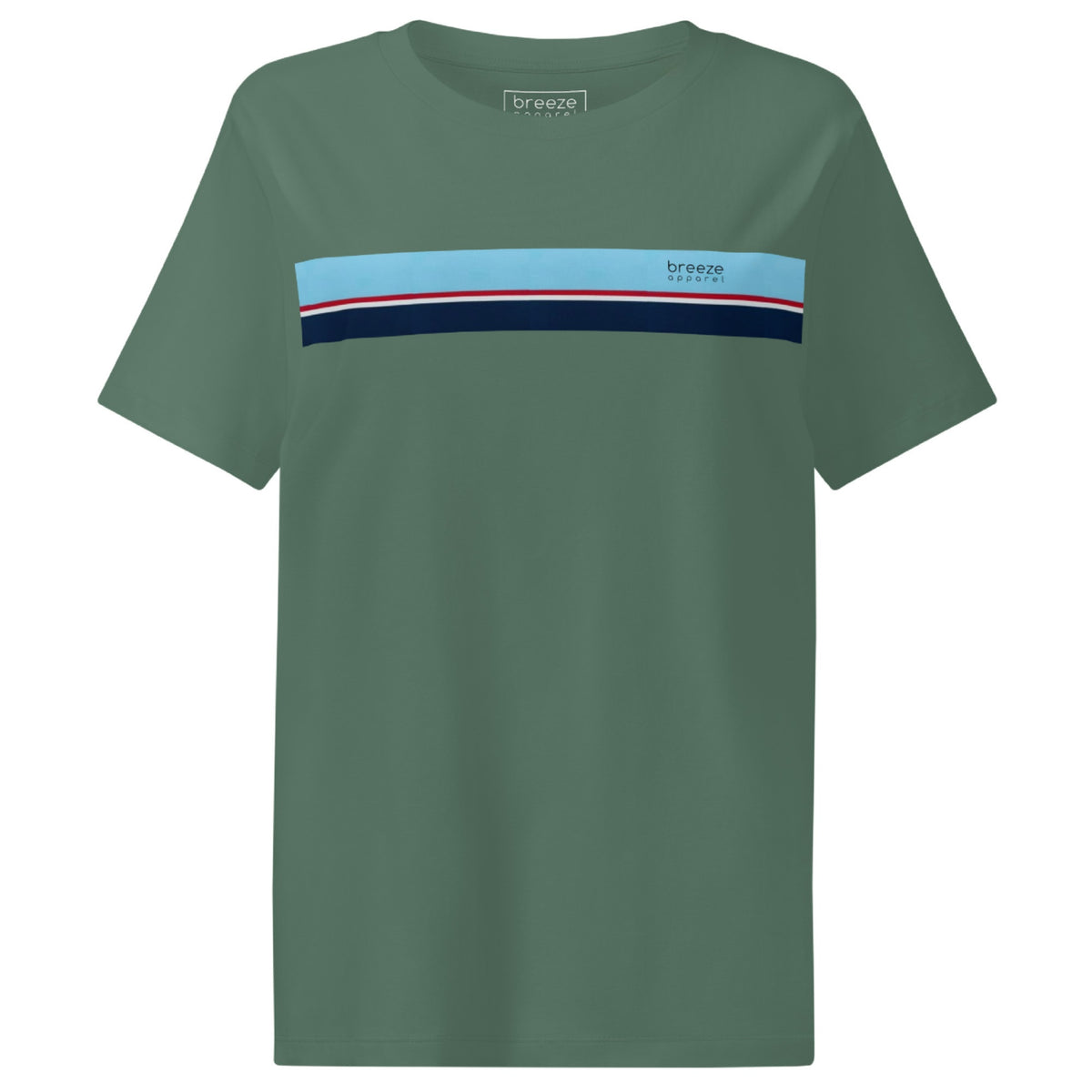 Green t-shirt with horizontal blue, red, white, and navy stripe with small black 'breeze apparel' logo.