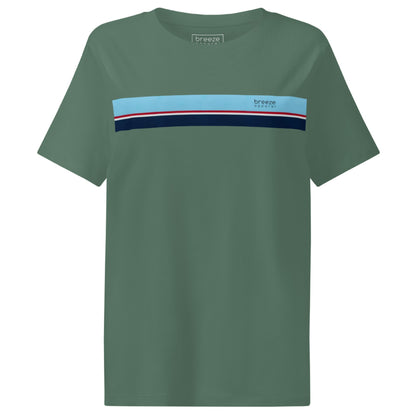 Green t-shirt with horizontal blue, red, white, and navy stripe with small black 'breeze apparel' logo.