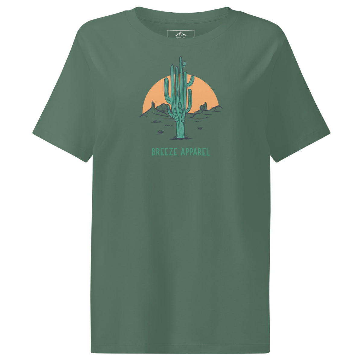 Green t-shirt with a graphic of a cactus and sunset, with 'Breeze Apparel' written in green below.