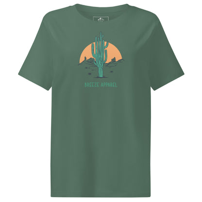 Green t-shirt with a graphic of a cactus and sunset, with 'Breeze Apparel' written in green below.