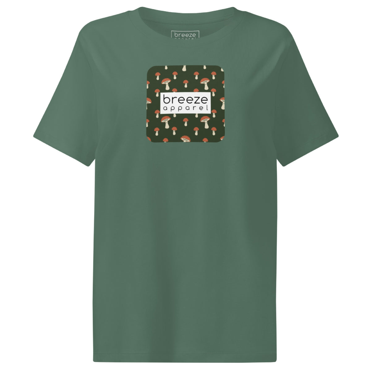 Green t-shirt with square graphic of mushrooms set on a green background overlaid with a white rectangle in which 'breeze apparel' is in black.