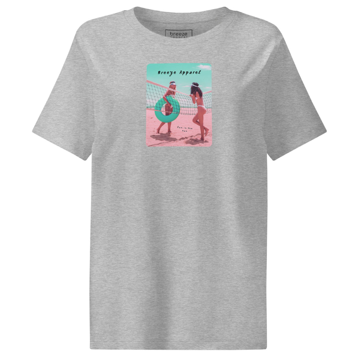 Heather-gray t-shirt with an image of two women in bikinis on the beach, standing by a volleyball net, one holding a swim ring and smiling, the other leaning on the net, with inscription in black of 'breeze apparel' towards the top of the image, and 'fun in the sun' in black on the ground between the women. 