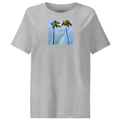 Heather-gray t-shirt with a graphic of palm trees, rainbow, and a clear blue sky in the background. A small, black 'breeze apparel' logo is between the trees.