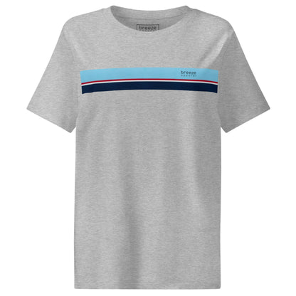 Heather-gray t-shirt with horizontal blue, red, white, and navy stripe with small black 'breeze apparel' logo.