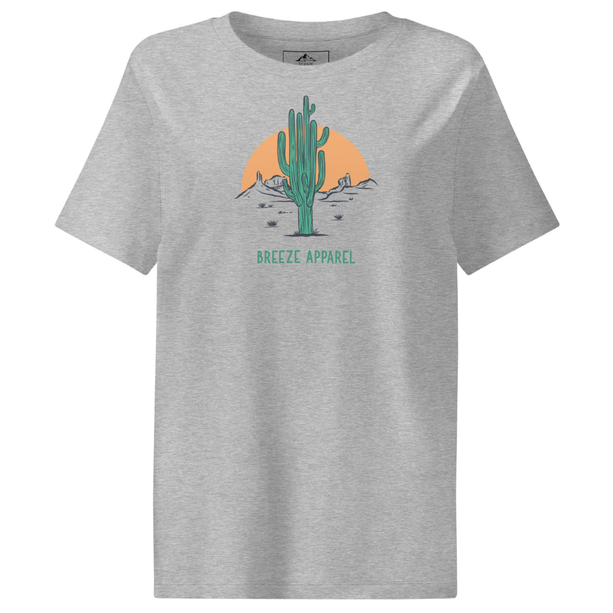 Heather-gray t-shirt with a graphic of a cactus and sunset, with 'Breeze Apparel' written in green below.